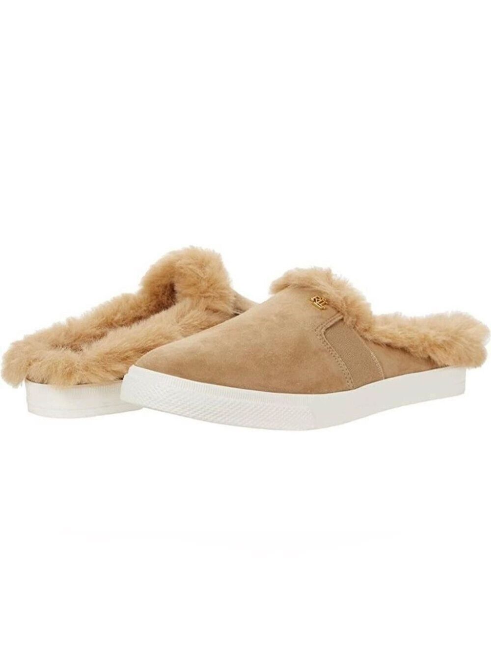 Nib Ralph Lauren Jinny Faux Fur Trim Suede Mule Slippers